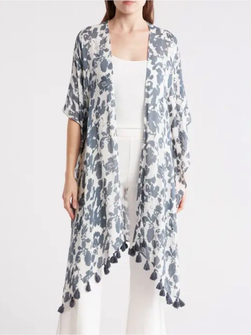 Nordstrom Tassel Duster Print Gray and White Floral Open-Front Kimono ONE SIZE